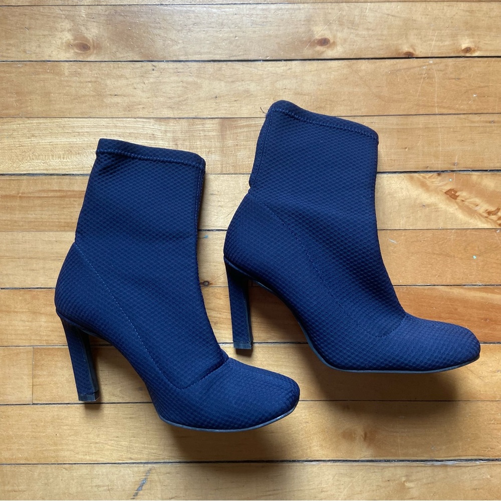 L’Intervalle dark blue high heel square toes sock boots